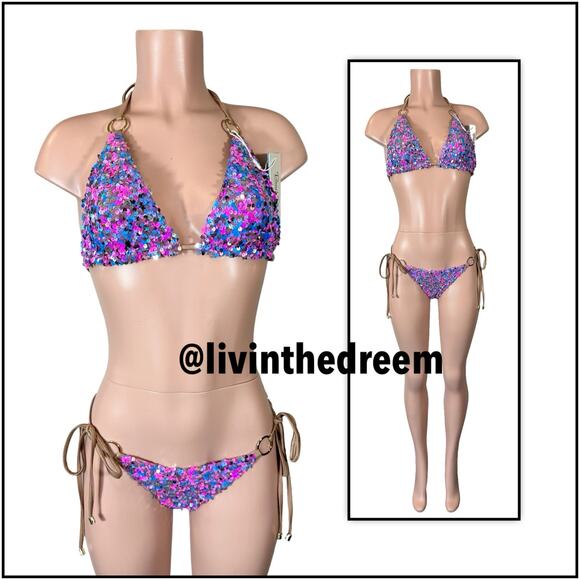 Beach Bunny Paparazzi Triangle Top XL & Tie Side Bottom M- Blue/Pink $270 - Picture 3 of 14